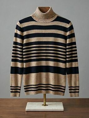Joseph A. Striped Neutral Turtleneck Sweater Top – Tan & Black Size Large